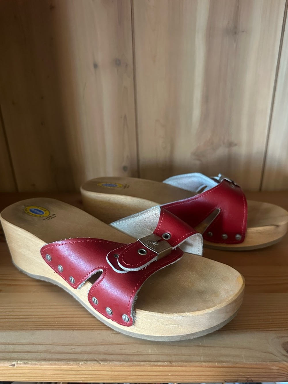 Dr. Scholl's vintage Red Leather Buckle Slide Clogs